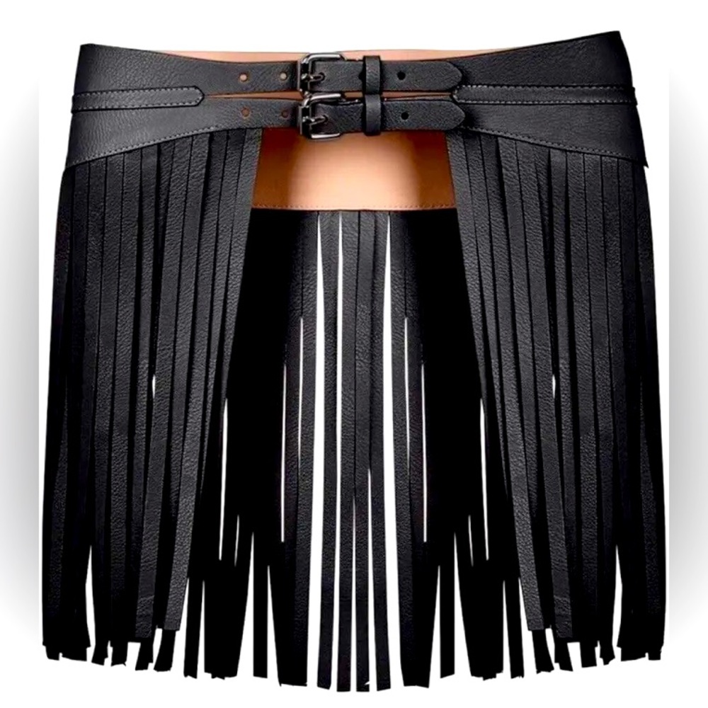 BCBGMAXAZRIA Corset Black Fringe Pebbled Leather Buckle Belt